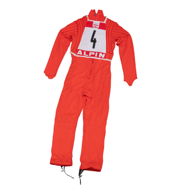 Riesenslalom-Rennanzug mit Startnummer von Rosi Mittermaier bei den Olympischen Spielen 1976 in Innsbruck